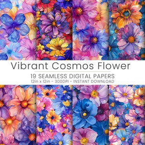 May include: A digital paper pack featuring 19 seamless patterns of vibrant cosmos flowers in shades of pink, purple, blue, yellow, and orange. The patterns are 12 inches by 12 inches and 300 DPI.