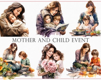 Mother and Child Events Clipart, 41 Heartwarming Moments Illustrations, Loving Family Clipart, Parenting Illustrations, Motherhood Graphics