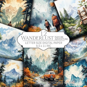 Wanderlust Nature Adventure 12 Papeles digitales tamaño carta - Álbum de recortes, Diario - Descarga instantánea - Bosque rústico, Imprimibles de viajes al aire libre
