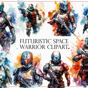 Futuristic Space Warrior Clipart - 16 Watercolor Sci-Fi Heroes for Cards, Scrapbooking, Digital Art, Premium Quality PNG, Cybernetic Warrior