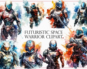 未来的な宇宙戦士のクリップアート - カード、スクラップブック、デジタルアート、プレミアム品質の PNG、サイバネティック戦士のための 16 の水彩 SF ヒーロー