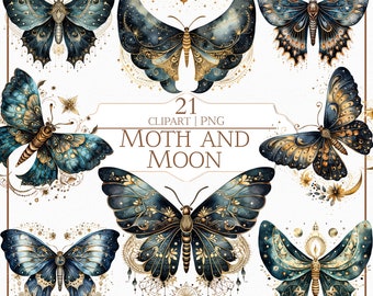 Könnte beinhalten: Ein Set mit 21 digitalen Clipart-Bildern mit Aquarell-Illustrationen von Motten und Monden. Die Motten sind in Blautönen und Gold mit filigranen Details dargestellt. Die Monde sind halbmondförmig und haben ein Sternenhimmel-Design.