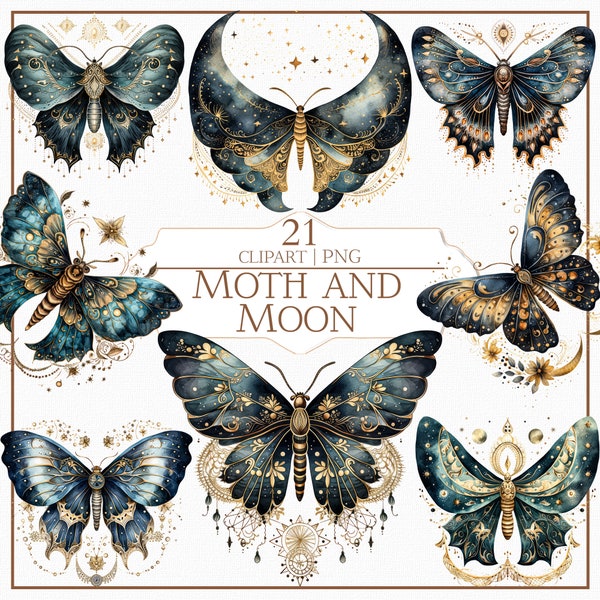 Moth and Moon Clipart Set - 21 Celestial Moth Illustrations, Moon Moth Clipart, Gold Color Moths, Digital Art Supply, Scrapbooking, Journal