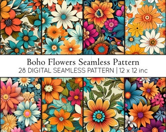 28 boho kwiatowych wzorów bezszwowych | Kolorowy papier cyfrowy (JPG)