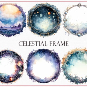 Etherisch hemels frame - kosmisch landschap & hemelse wezens, sterrenbeeldontwerp, dromerige kosmische landschapsclipart, hemelse illustratie