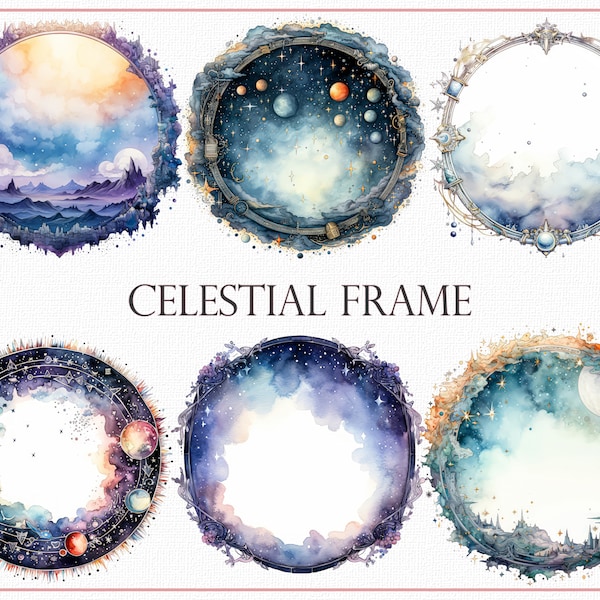 Ethereal Celestial Frame - Cosmic Landscape & Celestial Beings, Constellation Design, Dreamy Cosmic Landscape Clipart, Heavenly Illustration