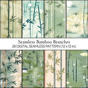 May include: A set of 28 digital seamless patterns featuring bamboo branches in various styles. The patterns are 12 inches by 12 inches and are perfect for creating unique designs for fabric, wallpaper, and other projects.