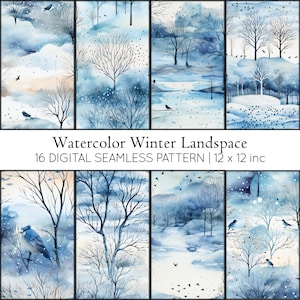 Watercolor Winter Landscape Background, 16 Snowy Watercolor Scene Texture Seamless Repeat Pattern, Backgrounds, Printable Digital Paper