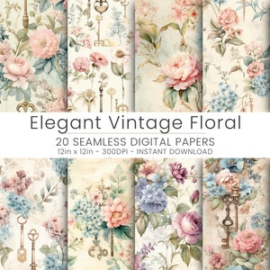 20 Elegant Vintage Floral Digital Paper - Seamless Antique Flower Patterns for Scrapbooking, Crafts, and Romantic Decor, Background