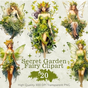 May include: Four digital illustrations of fairies with green wings and dresses, surrounded by green leaves and flowers. The text "Secret Garden Fairy Clipart 20" is in the center of the image. High Quality 300 DPI Transparent PNG.