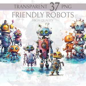 Friendly Robots Clipart, 37 PNG - Digital Robot Art, Transparent Background, Instant Download, Digital Print, PNG Download, Colourful Robots