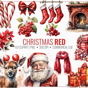 Weihnachtsrote Cliparts, festliche Weihnachtsgrafiken, 63 hochwertige rote Grafiken, kreative Feiertagsprojekte, festliche ClipArt, lebendige rote Kunst