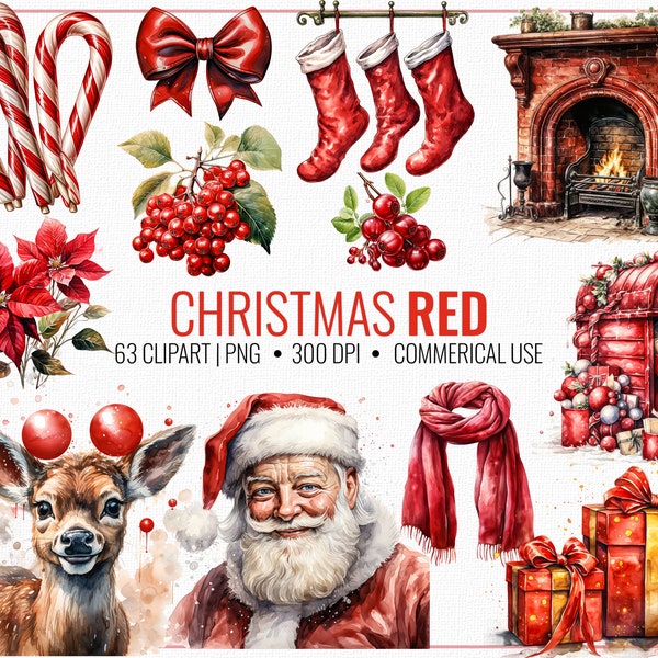 Kerst rode clipart, feestelijke kerst graphics, 63 hoogwaardige rode graphics, creatieve vakantieprojecten, feestelijke illustraties, levendige rode kunst