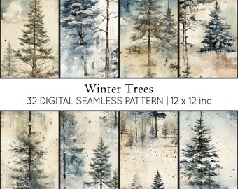 Winter Trees Watercolor Paper, Snowy Forest, Rustic Landscape (Digital Download)