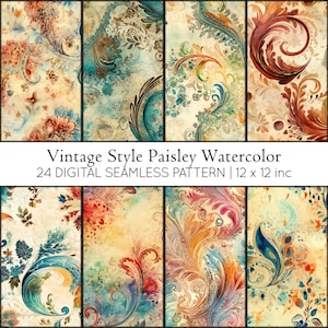 Könnte beinhalten: Ein Set mit 24 digitalen nahtlosen Mustern mit Paisley-Designs im Vintage-Stil in Aquarell. Die Muster sind in verschiedenen Farben, darunter Türkis, Orange, Rot und Gelb, und perfekt für die Erstellung einzigartiger Projekte.