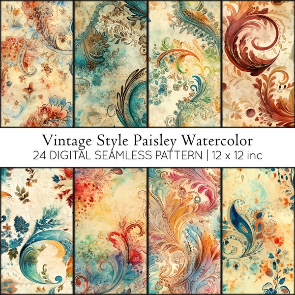 Vintage Paisley Elegance, 24 Watercolor Repeatable Pattern, Vintage Paisley Art, Watercolor Repeatable Pattern, Retro Style Design, Wall Art