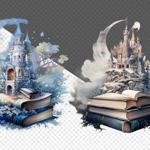 May include: Two watercolor illustrations of castles built on top of open books. The castles are white and gray with blue accents. The books are brown and blue with white pages. The illustrations are set against a background of clouds and trees.