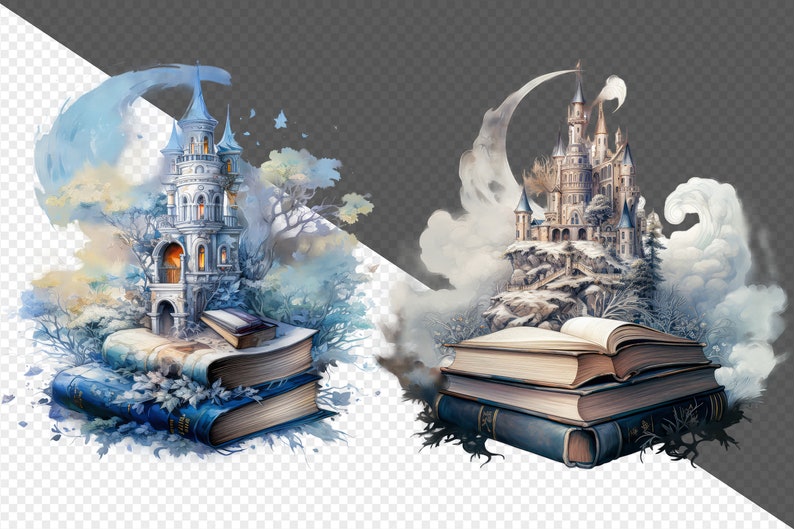 May include: Two watercolor illustrations of castles built on top of open books. The castles are white and gray with blue accents. The books are brown and blue with white pages. The illustrations are set against a background of clouds and trees.