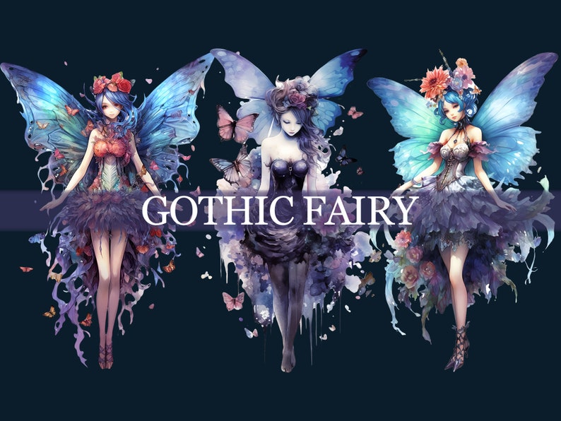 May include: Three gothic fairies with blue wings and black dresses. Each fairy has a different hairstyle and floral crown. The text "GOTHIC FAIRY" is written across the bottom of the image.
