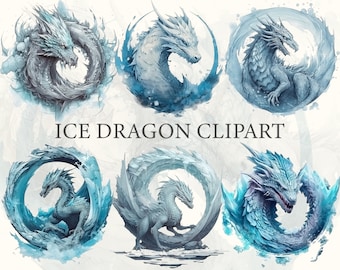 Ice Dragon Clipart Bundle - Digital Dragon Art, Transparent Background, Instant Download, Digital Print, PNG Download, Frost Dragon