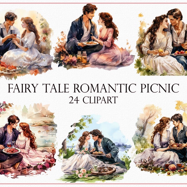 Fairy Tale Romantic Picnic Clipart - 24 Love Story Illustrations, Enchanting Valentine's Day Graphics, Valentine's Day Fantasy Picnic Images