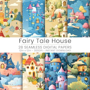 28 Märchen Haus Digitales Papier, Home Decor, Scrapbooking, wiederholbar, JPG, Instant Download, Kinderzimmer Dekor, Fee Muster