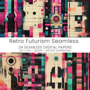 May include: A set of 24 digital papers featuring a retro futuristic design with geometric shapes, lines, and circles in shades of pink, blue, black, and white. The papers are seamless and measure 12 inches by 12 inches at 300 DPI.