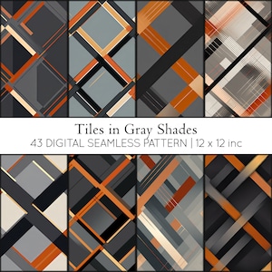 May include: A set of 43 digital seamless patterns featuring geometric tiles in shades of gray, orange, and beige. The patterns are 12 inches by 12 inches.