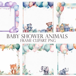 Baby Shower Animals Frame Clipart, 28 PNG Transparent Cute Animal Border Illustration, Baby Elephant and Friends Frame, Cute Bear Clipart