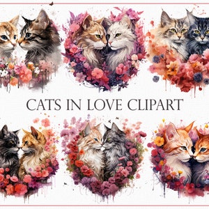 恋する猫のクリップアート - ロマンチックな猫のイラスト、バレンタインデーの PNG、バレンタインデーの猫のアート、甘い猫のロマンスのクリップアート、スクラップブック