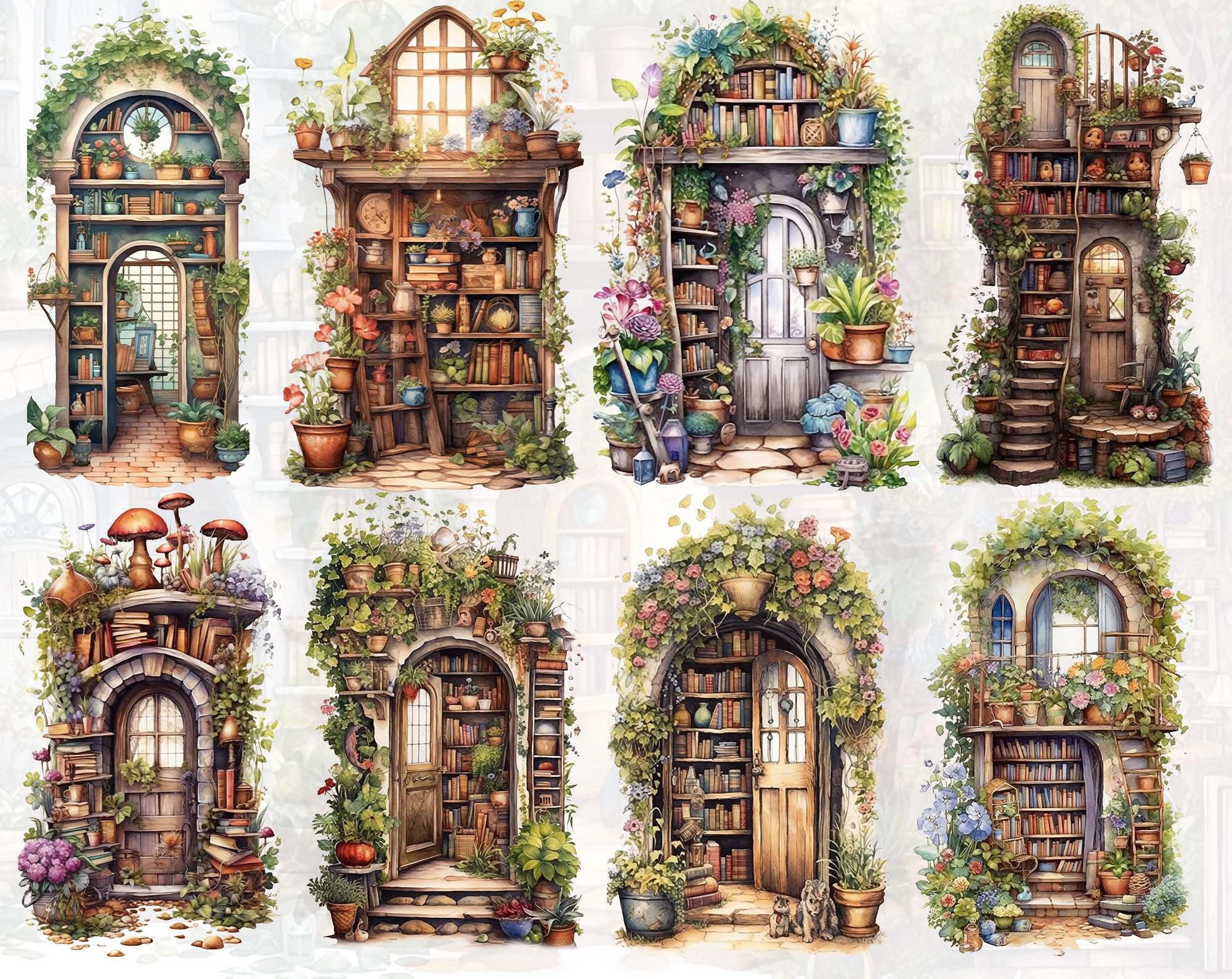 Fantasy Bookshelf Art Set 29-piece Transparent PNG, Instant Download