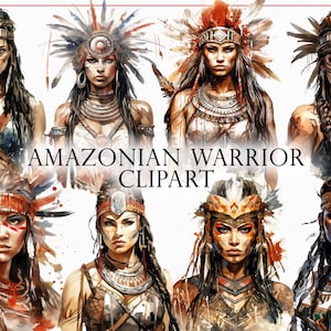 Pode incluir: Conjunto de clipart digital de oito ilustrações de aquarela de mulheres guerreiras amazônicas com adornos de cabeça coloridos e roupas tradicionais. As mulheres têm cabelos escuros e olhos castanhos. O fundo é branco.