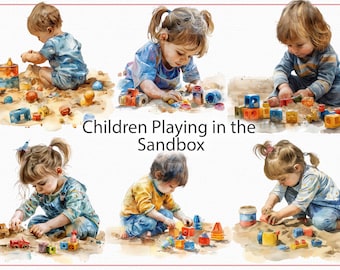Watercolor Children Playing in Sandbox Clipart PNG, 38 Kids Playing with Toys Illustrations, Children Png, Mother&#39;s Day Clipart, Playground