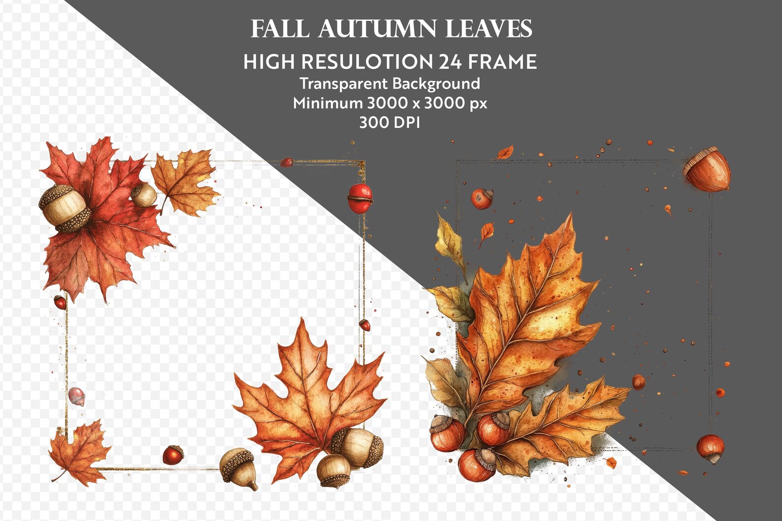 Red Fall Frame Fall Autumn Leaves Frame Clipart, 24 PNG Acorn Maple Leaf Watercolor ...