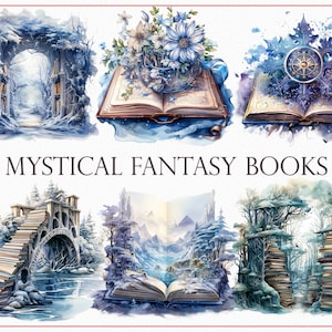 Mystieke Fantasy Books Clipart - Betoverende verzameling winterportals, spreukenboeken, draken en sprookjes, Scrapbook, 42 open boeken Png