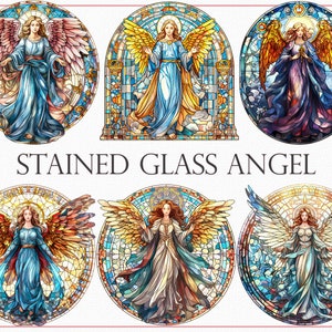 Gebrandschilderd glas engel clipart, 28 hemelse engel illustraties, etherisch glas PNG, gebrandschilderde illustraties, religieuze digitale kunst, engel clipart PNG