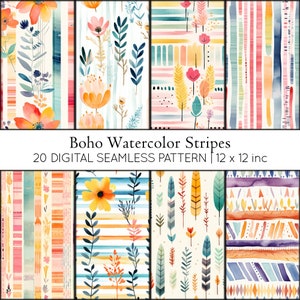 Rayas de acuarela boho, 20 patrones repetibles, diseño boho, fondo boho rayado, patrón de inspiración étnica, decoración tribal boho chic