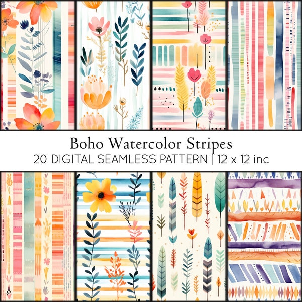 Boho Watercolor Stripes, 20 Repeatable Pattern, Bohemian Design, Striped Boho Background, Ethnic Inspired Pattern, Tribal Boho Chic Decor