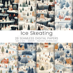 Winter Landscape Themed Christmas and Winter Holiday Clipart Set | Skiing, Sledding, Ice Skating Scene | &quot;Handmade Digital Illustration&quot; JPG