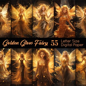 Golden Glow Fairy Letter Size Digitales Papier - Skurriles Feen-Scrapbooking, strahlende Feen-Illustration auf dunklem Hintergrund, sofortiger Download