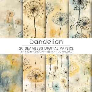 20 Dandelion Digital Paper Home Decor,  Digital Downloand,instant download, Scrapbook, Repeatable, Seamless Floral Patterns for Scrapbooking