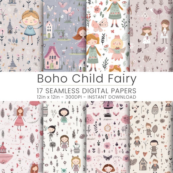 17 Boho Child Fairy Digital Paper, JPG, Instant Download, Scrapbooking, Repeatable, Pink Background, Girls Room Decor, Fairy Pattern.