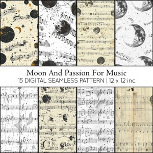 15 Moon and Passion for Music Digital Paper, Scrapbooking, Music Paper, Seamless Pattern, JPG, Note Background, Music Background
