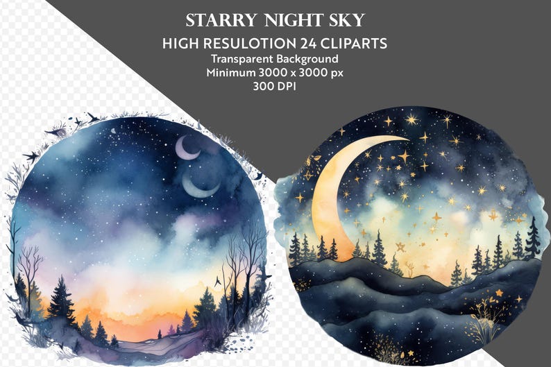 Starry Night Sky Watercolor Clipart, 24 Moon and Stars Landscape Pngs ...