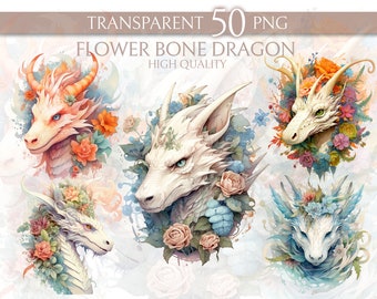 Flower Bone Dragon Clipart Set - 50 Pieces - Digital Printable - Transparent PNG - Unique Dragon Illustrations - DIY Art Projects - Stickers