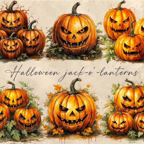 Halloween Jack-o'-Lanterns Clipart - 22 PNG - Spooky Pumpkin Illustrations - Digital Download - Halloween Decorations - Fall Clipart Png Art