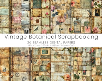 26 Vintage Botanical Scrapbooking Digital Paper, JPG, Scrapbooking, Instant Download,  Wallpaper, Background, Repeatable