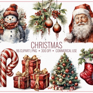 Kerst Clipart Set - 96 aquarelafbeeldingen voor kaarten, scrapbooking, stickers, tijdschriften, doe-het-zelf ambachten, PNG met hoge resolutie, wenskaart