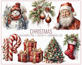 Watercolor Christmas Clipart Set – 96 Holiday PNG Images (Digital Download)