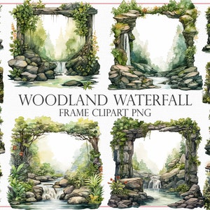 May include: A set of 12 watercolor clipart frames featuring woodland scenes with waterfalls, lush greenery, and stone archways.  The frames are perfect for adding a touch of nature to your digital designs.